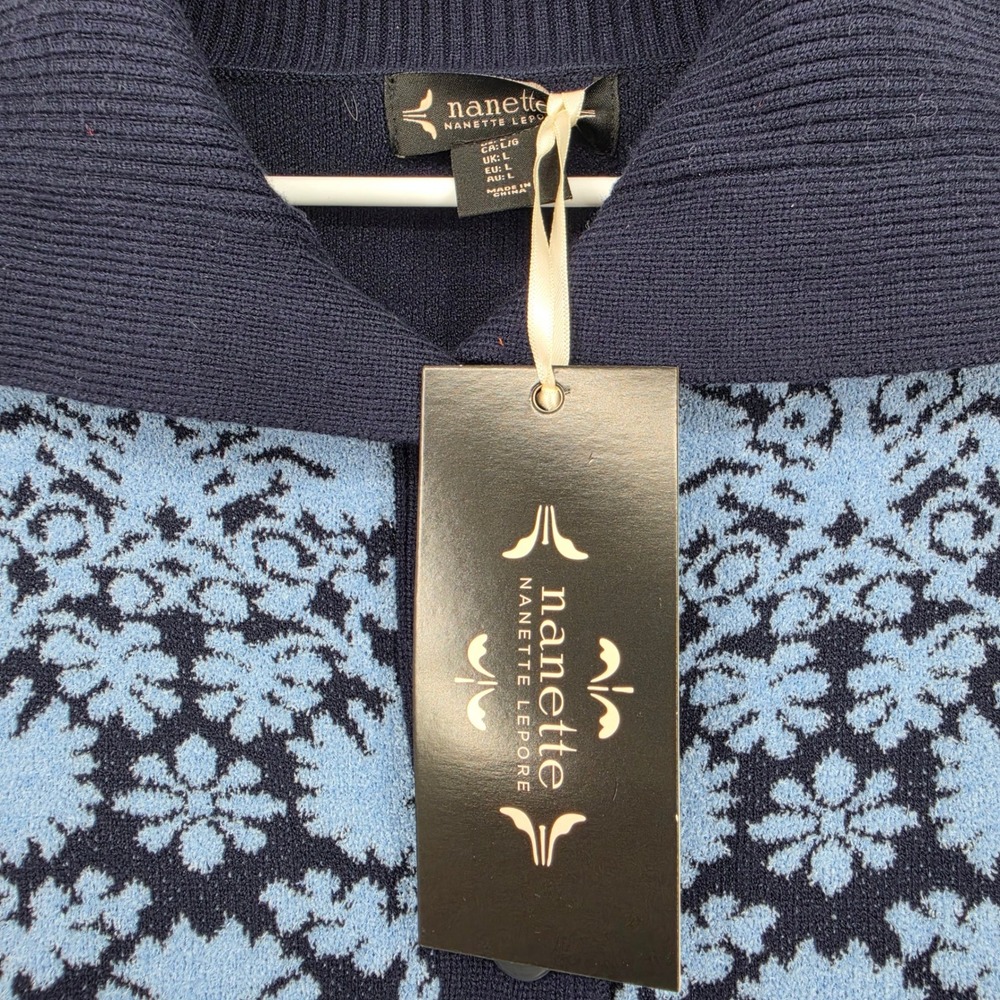 Nanette Lepore Cardigan Sweater Large Navy Blue Floral Damask Cottagecore - Picture 6 of 11